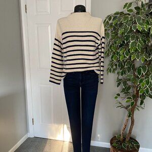 Women's Pink Lily Blue & White Striped Mock Neck Sweater - S